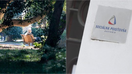Na kombosnímke dôchodkyňa a logo Sociálnej poisťovne.