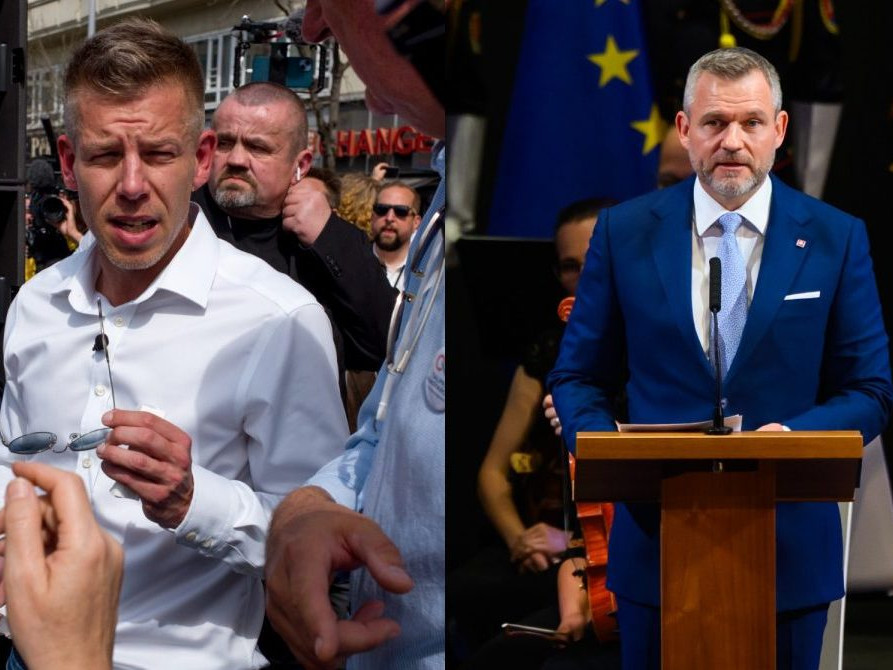 Predseda maďarskej mimoparlamentnej opozičnej strany TISZA Péter Magyar a prezident SR Peter Pellegrini.