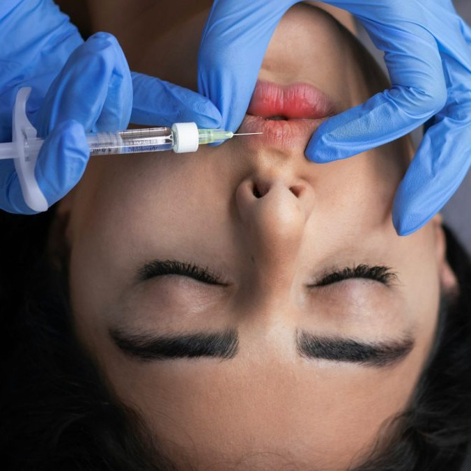 Na snímke pichá lekár žene do pier ihlu.