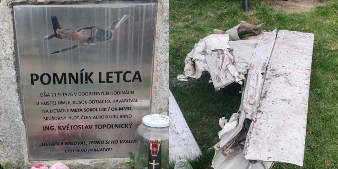 Na kombosnímke pomník pilota Topolnického a krídlo havarovaného lietadla.