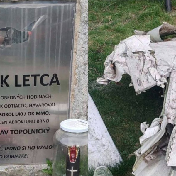 Na kombosnímke pomník pilota Topolnického a krídlo havarovaného lietadla.