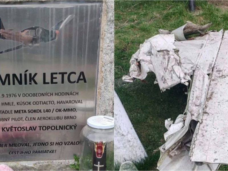 Na kombosnímke pomník pilota Topolnického a krídlo havarovaného lietadla.