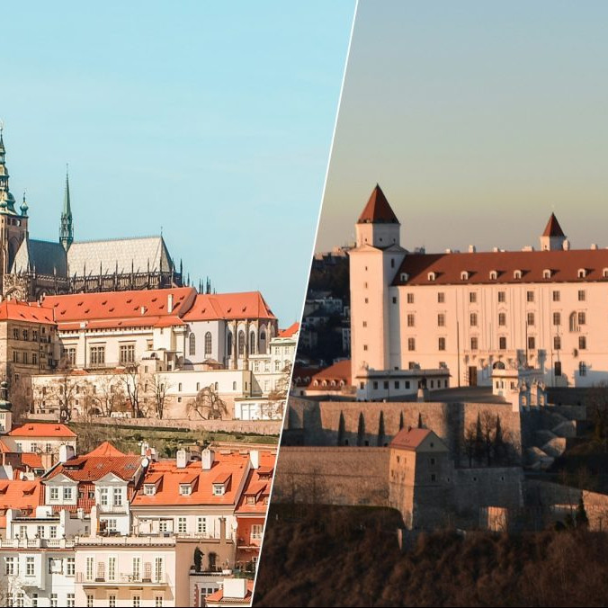 Na kombosnímke pohľad na Prahu a Bratislavu.