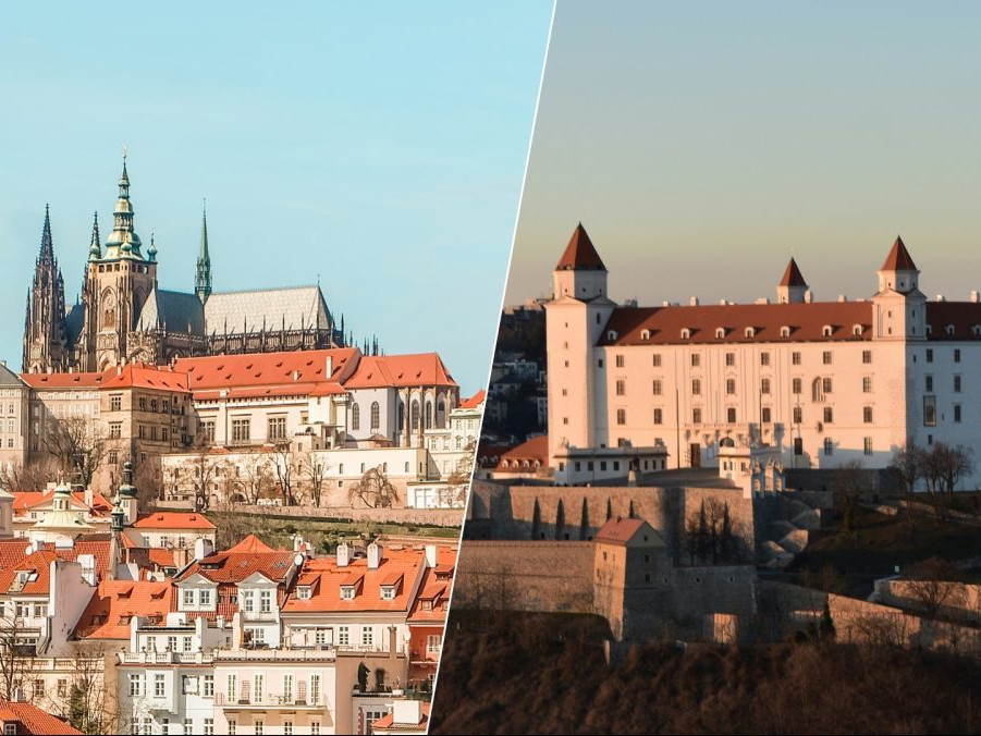 Na kombosnímke pohľad na Prahu a Bratislavu.