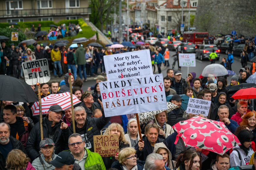 Na sn&iacute;mke protest pred budovou NRSR.