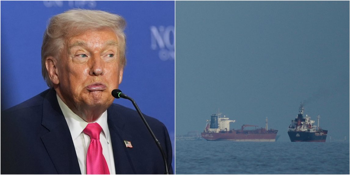 Na kombosnímke Donald trump a Hormuzský prieliv.