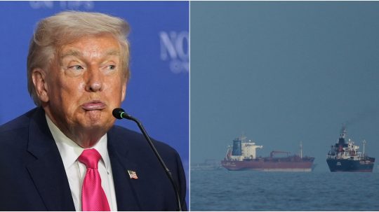 Na kombosnímke Donald trump a Hormuzský prieliv.