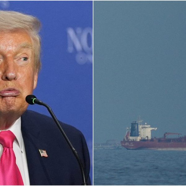 Na kombosnímke Donald trump a Hormuzský prieliv.