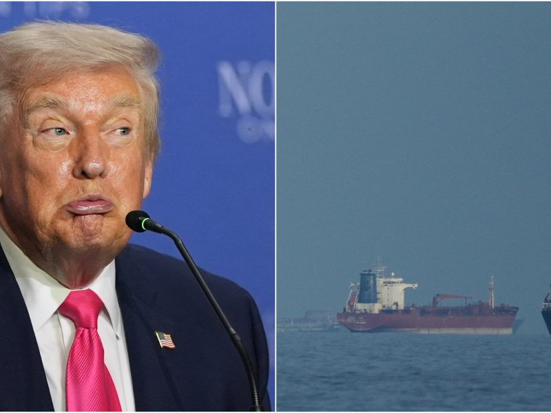 Na kombosnímke Donald trump a Hormuzský prieliv.