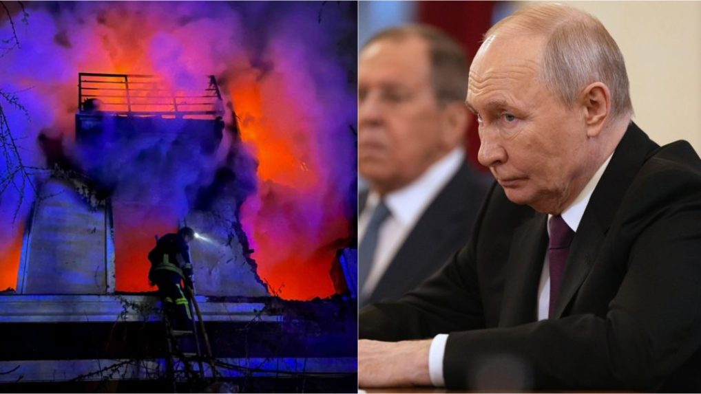 Na kombosnímke požiar budovy na Ukrajine po útoku a Vladimir Putin.