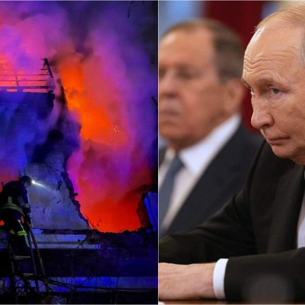 Na kombosnímke požiar budovy na Ukrajine po útoku a Vladimir Putin.