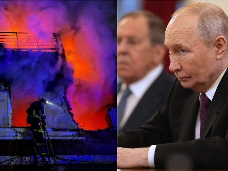 Na kombosnímke požiar budovy na Ukrajine po útoku a Vladimir Putin.