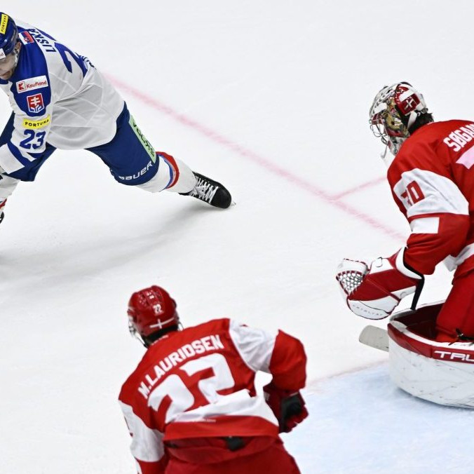 Vľavo Adam Liška (Slovensko) a brankár Mads Sögaard (Dánsko) v prípravnom zápase Slovensko – Dánsko