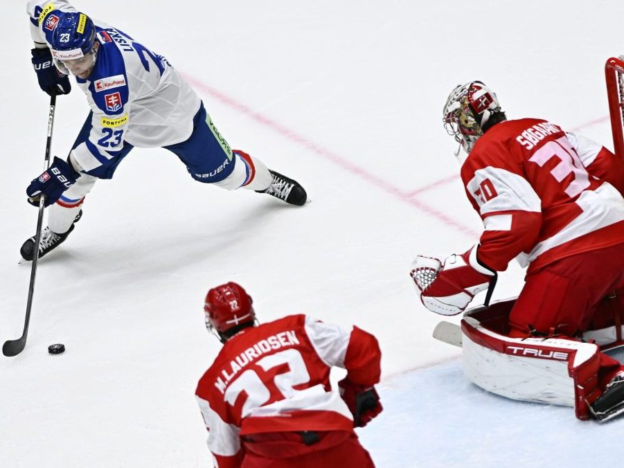 Vľavo Adam Liška (Slovensko) a brankár Mads Sögaard (Dánsko) v prípravnom zápase Slovensko – Dánsko