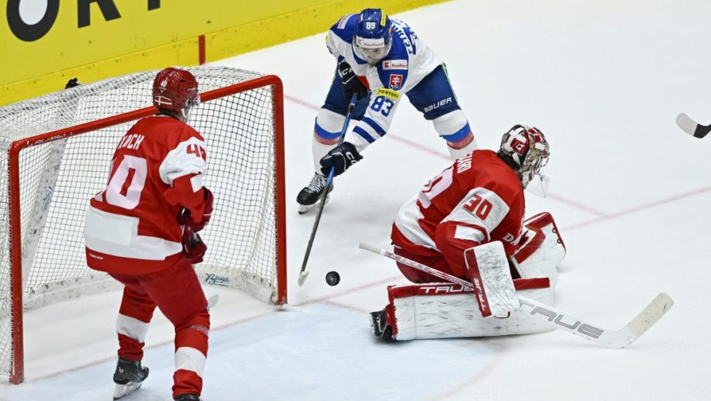 Na snímke uprostred Servác Petrovský (Slovensko) a brankár Mads Sögaard (Dánsko) v prípravnom zápase Slovensko – Dánsko.