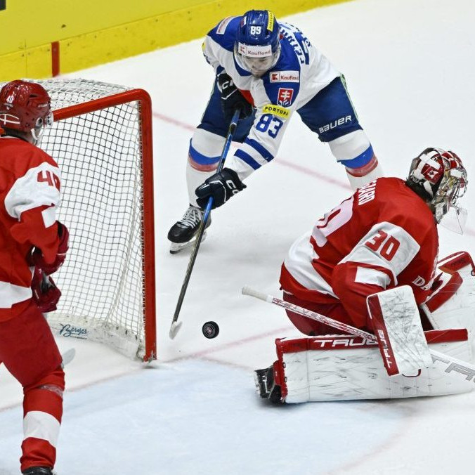 Na snímke uprostred Servác Petrovský (Slovensko) a brankár Mads Sögaard (Dánsko) v prípravnom zápase Slovensko – Dánsko.