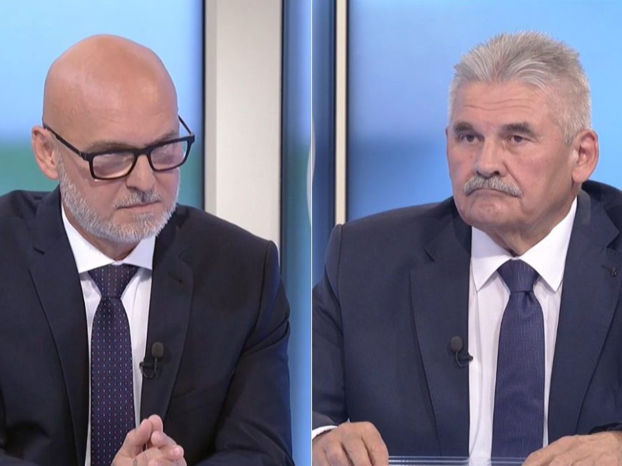 Na snímke Ján Richter a Branislav Gröhling v relácii O 5 minút 12.