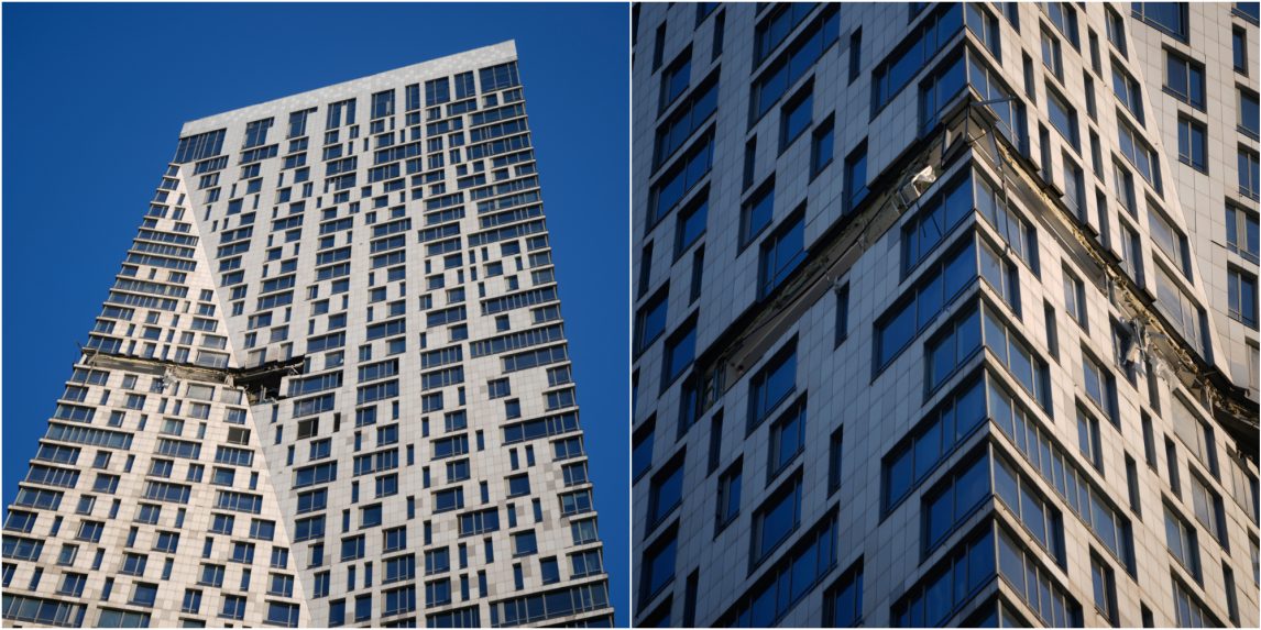 Na sn&iacute;mke po&scaron;koden&aacute; budova Mosfilm Tower.