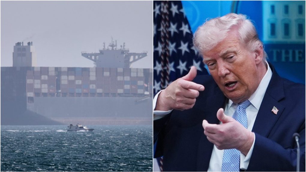 Na kombosnímke loď v Hormuzskom prielive a Donald Trump.