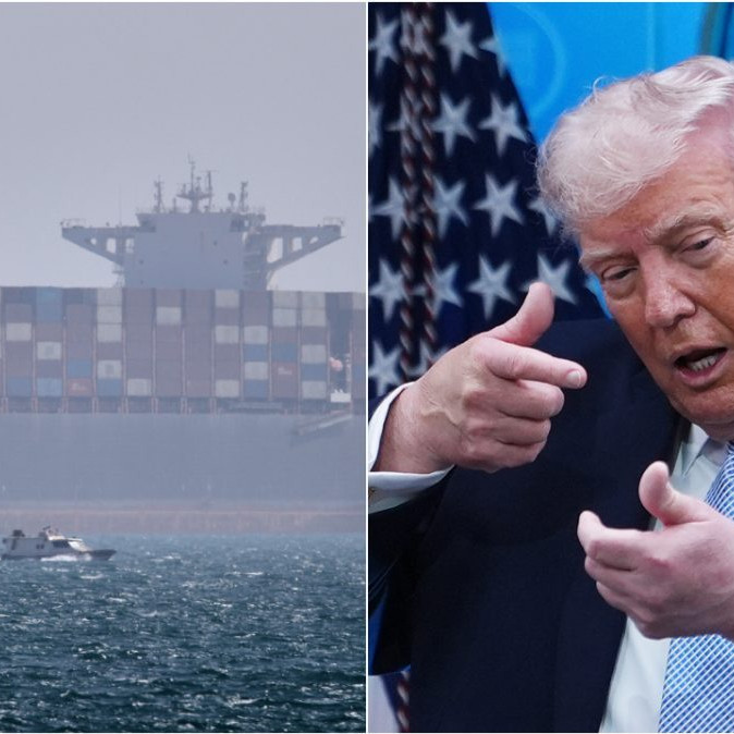 Na kombosnímke loď v Hormuzskom prielive a Donald Trump.