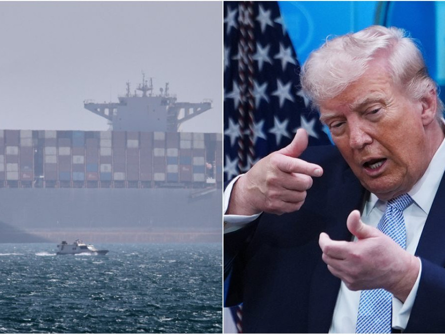 Na kombosnímke loď v Hormuzskom prielive a Donald Trump.