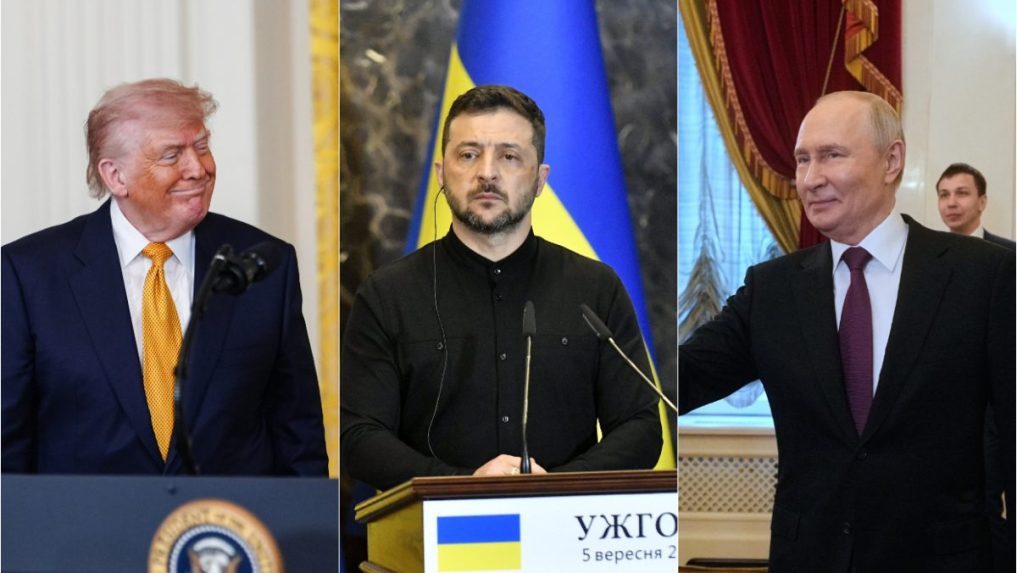 Na snímke Donald Trump, Volodymyr Zelenskyj a Vladimir Putin.