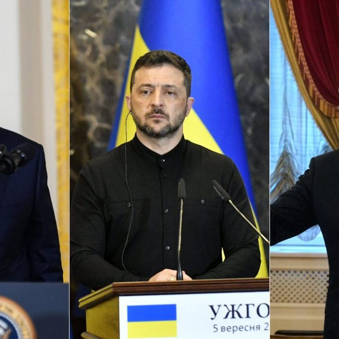 Na snímke Donald Trump, Volodymyr Zelenskyj a Vladimir Putin.