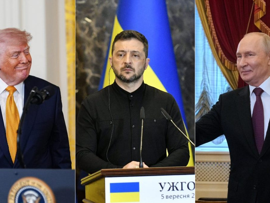 Na snímke Donald Trump, Volodymyr Zelenskyj a Vladimir Putin.