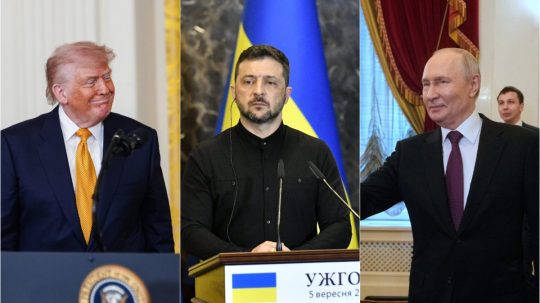 Na snímke Donald Trump, Volodymyr Zelenskyj a Vladimir Putin.