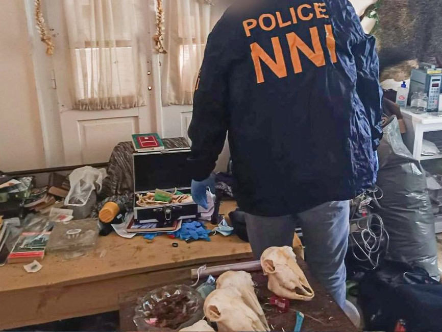 Maďarská polícia pri prehliadke bytu.
