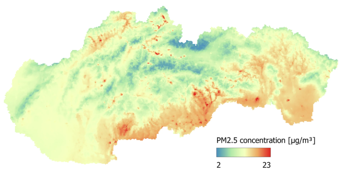 Mapa znečistenia ovzdušia na Slovensku.