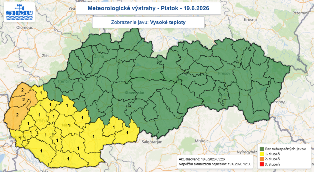 Výstrahy pred vysokými teplotami na piatok (19. 6.).