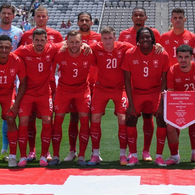Futbalisti Švajčiarska pózujú pred prípravným duelom pred MS vo futbale 2026.