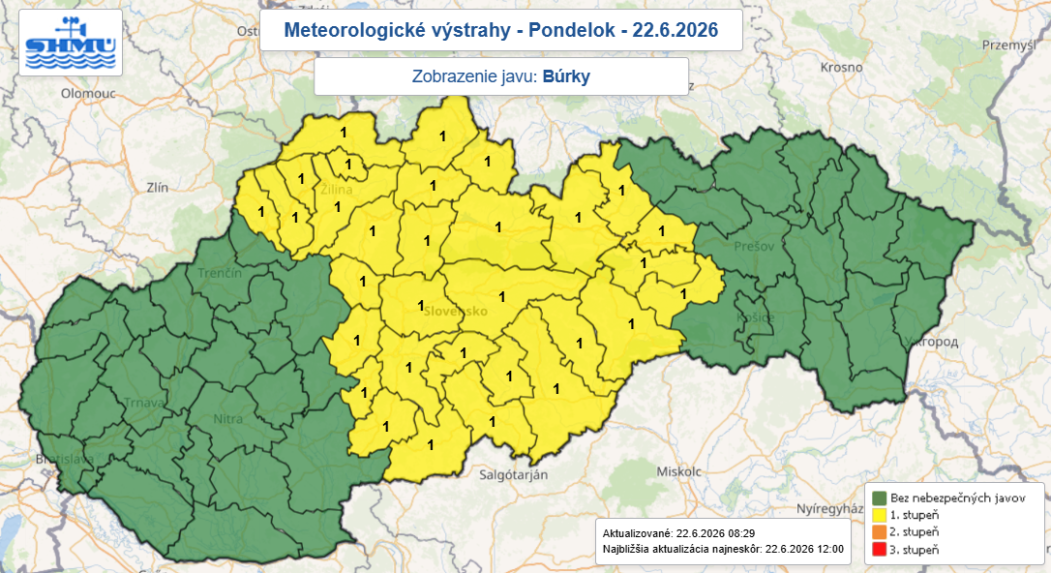 Na snímke mapa výstrah pred búrkami.