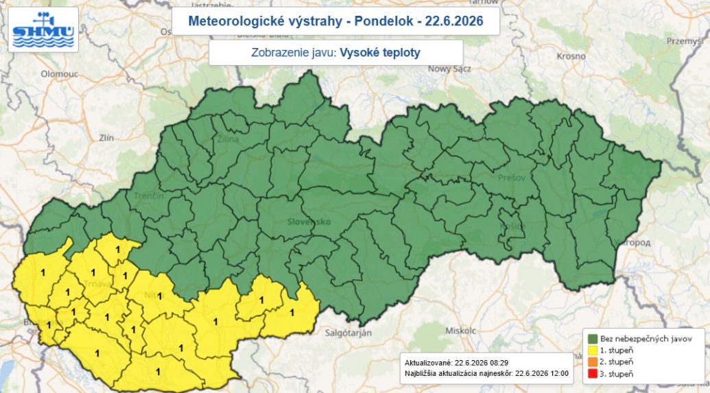 Na snímke mapa výstrah pred vysokými teplotami.