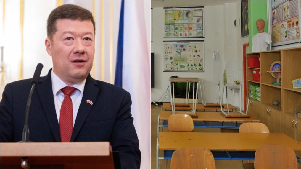 Na kombosnímke Tomio Okamura a prázdna trieda.