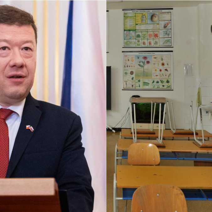 Na kombosnímke Tomio Okamura a prázdna trieda.