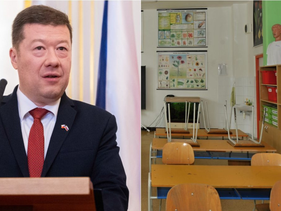 Na kombosnímke Tomio Okamura a prázdna trieda.