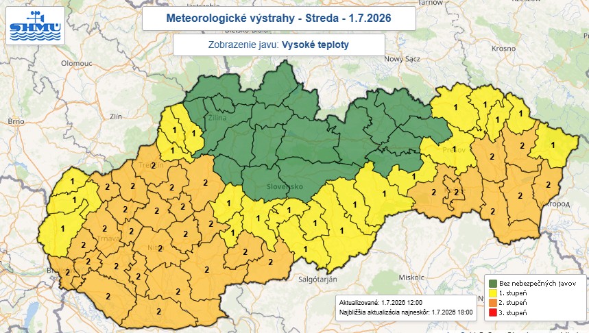 Na sn&iacute;mke mapa v&yacute;strah pred vysok&yacute;mi teplotami.