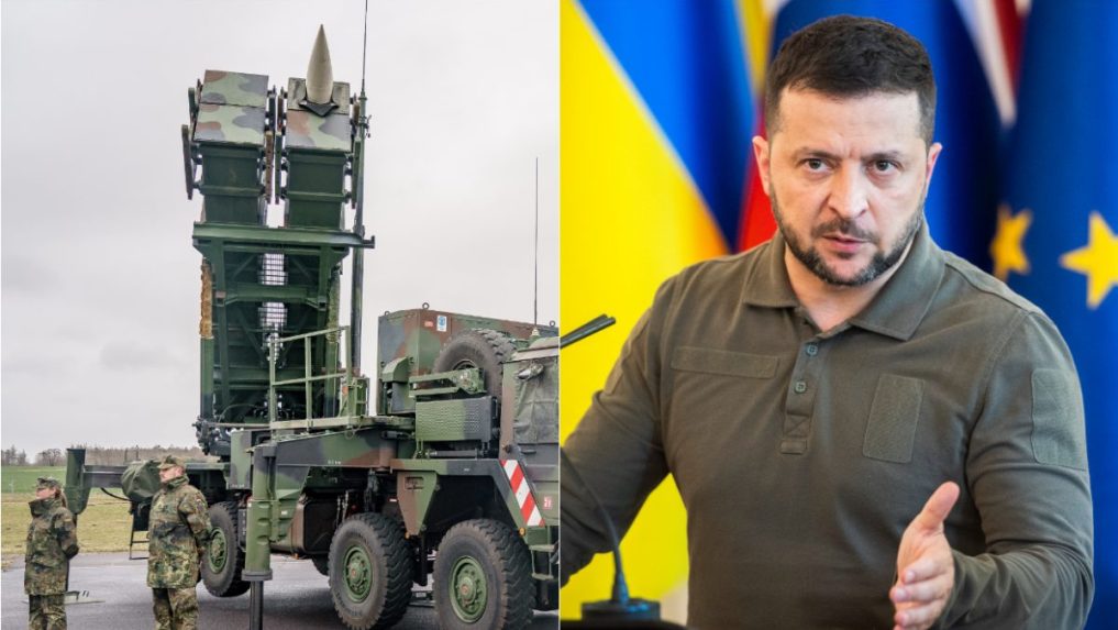 Na kombo snímke systém Patriot a Volodymyr Zelenskyj.