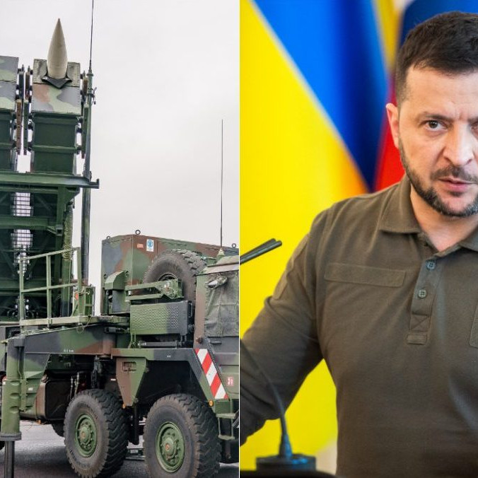 Na kombo snímke systém Patriot a Volodymyr Zelenskyj.