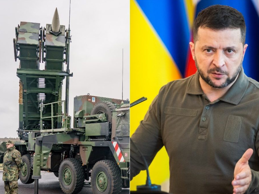 Na kombo snímke systém Patriot a Volodymyr Zelenskyj.