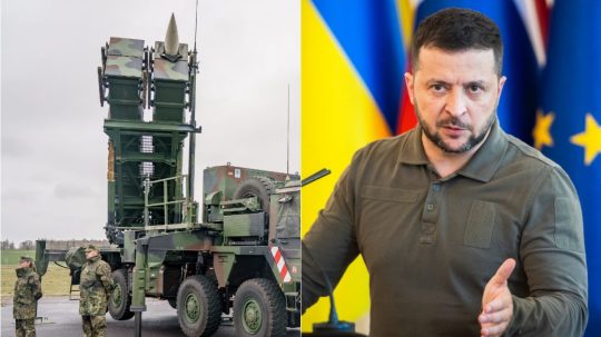Na kombo snímke systém Patriot a Volodymyr Zelenskyj.