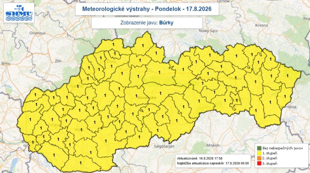 Na snímke mapa výstrah pred búrkami.