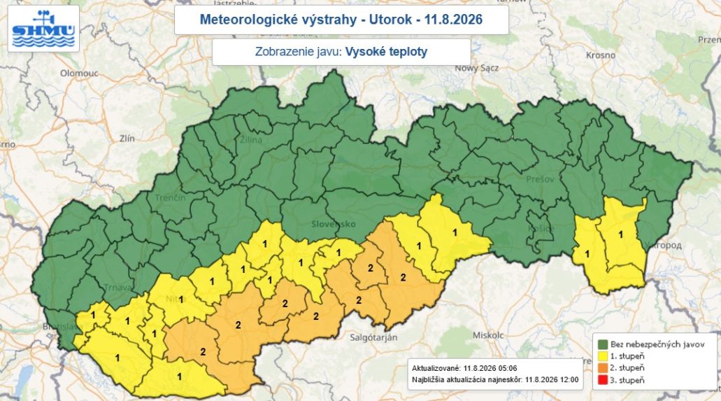 Na sn&iacute;mke mapa v&yacute;strah pred vysok&yacute;mi teplotami.
