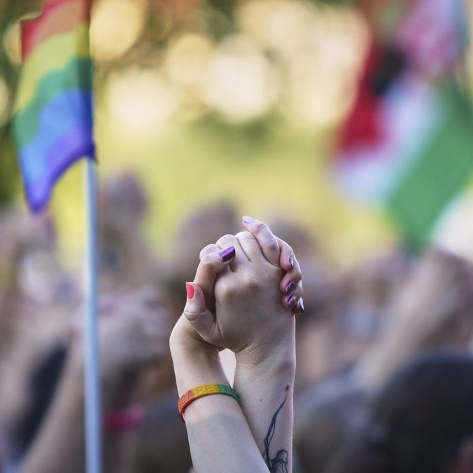 Na snímke sa dvaja ľudia na pochode Pride držia za ruky.