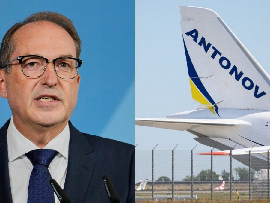 Na kombosnímke Johan Wadephul a časť lietadla Antonov.