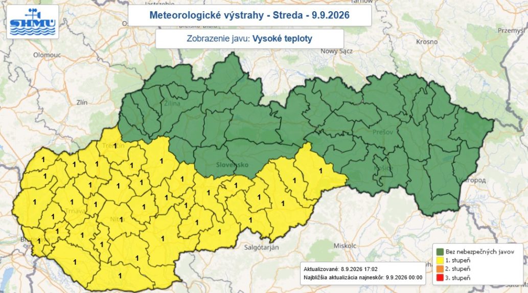 Na sn&iacute;mke mapa v&yacute;strah pred vysok&yacute;mi teplotami.