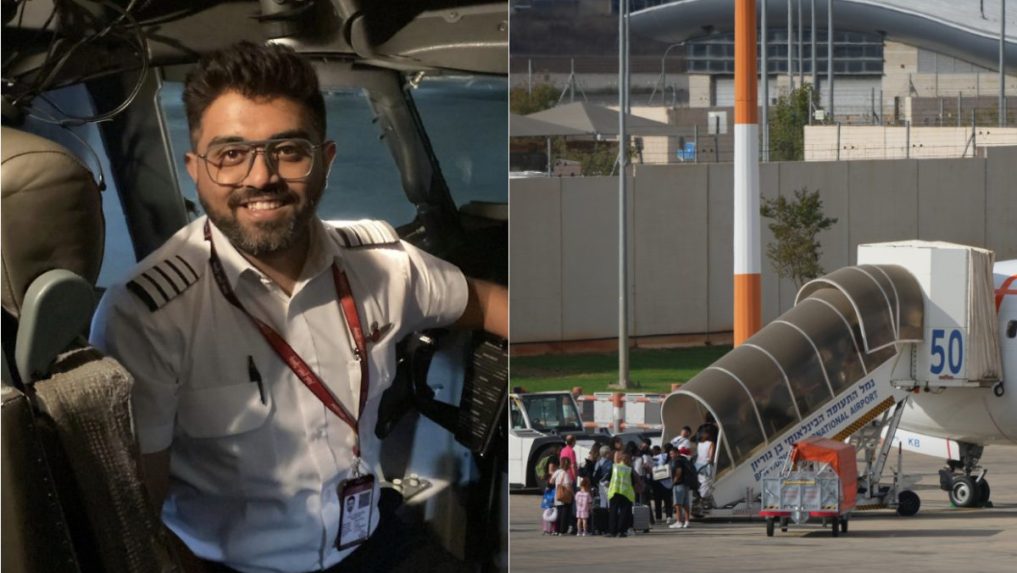 Na kombosnímke pilot Smit Maččhar a lietadlo na letisku FlyDuabi.