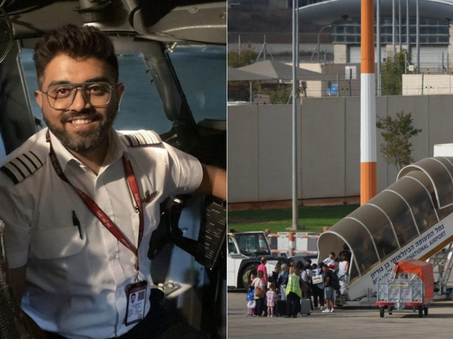 Na kombosnímke pilot Smit Maččhar a lietadlo na letisku FlyDuabi.